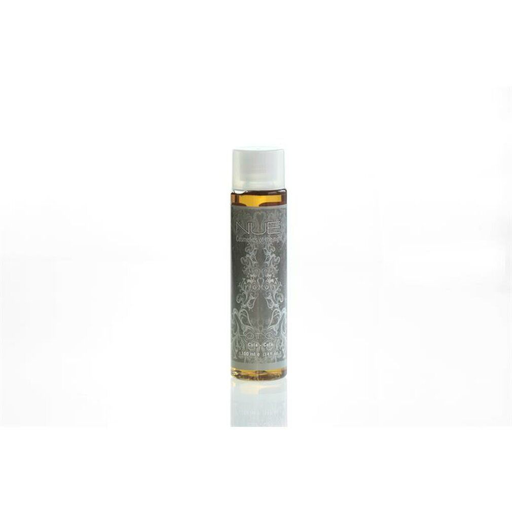 Klarflüssige Flasche mit weißem Deckel. Aufschrift "Hot Oil" und "Cola".