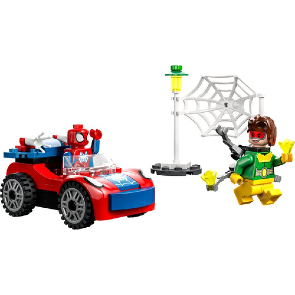 LEGO Marvel Set. Rotes Auto mit Spidey-Figur. Doc Ock und Spinnennetz. Straßenlaterne. Gelbe Elemente.