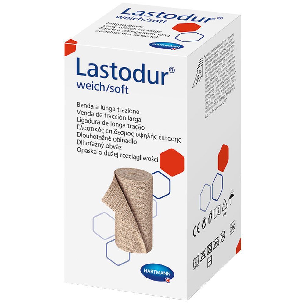 Verpackung von Lastodur weich/soft. Beige Rolle Bandage. Hartmann Logo. Mehrsprachige Produktbezeichnungen.