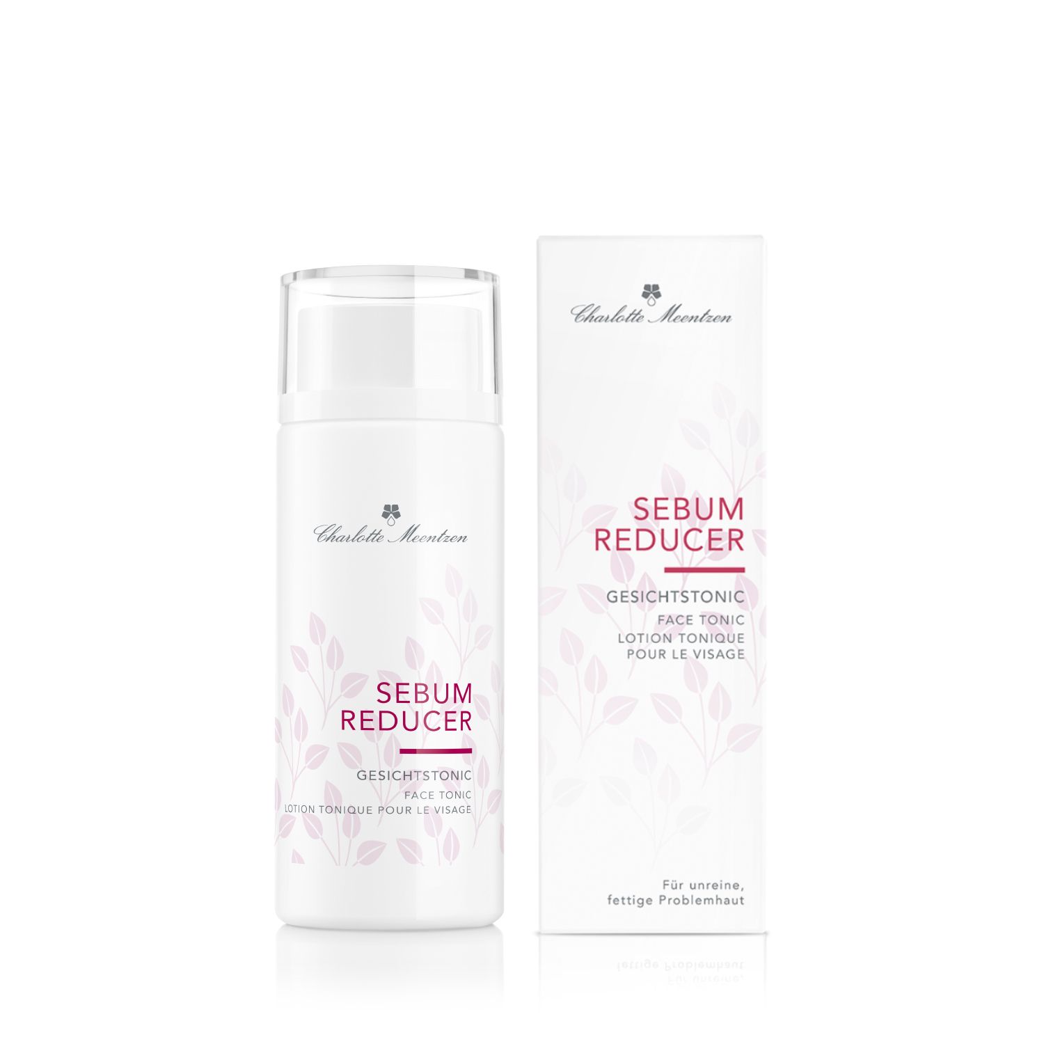 Flasche und Verpackung. Aufschrift: Sebum Reducer, Gesichtstonic. Marke: Charlotte Meentzen. Floral-Dekor. Für unreine, fettige Haut.