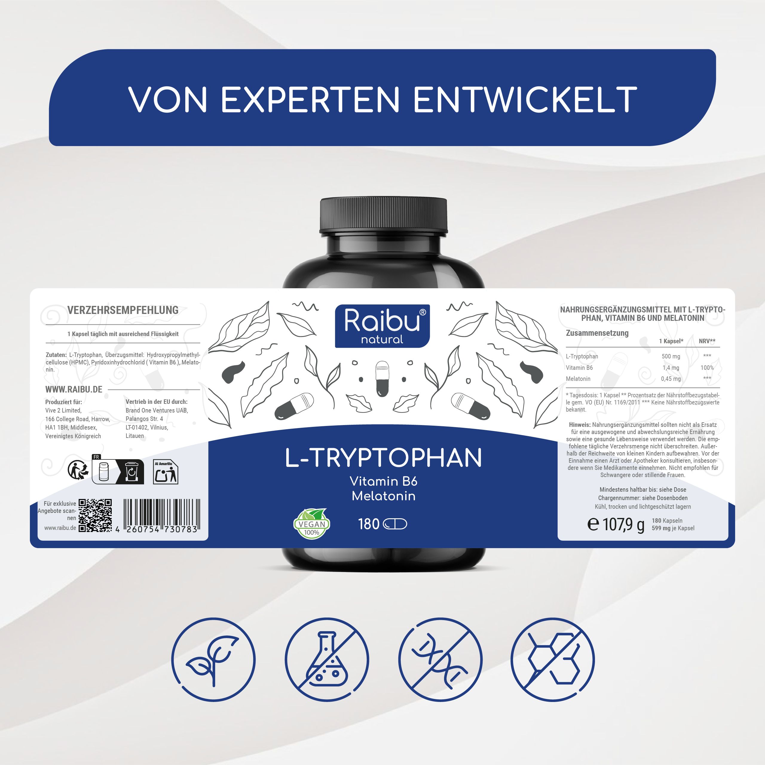 Produktflasche mit Etikett. Enthält L-Tryptophan, Vitamin B6, Melatonin. 180 Kapseln. Mit QR-Code und Inhaltsangaben.