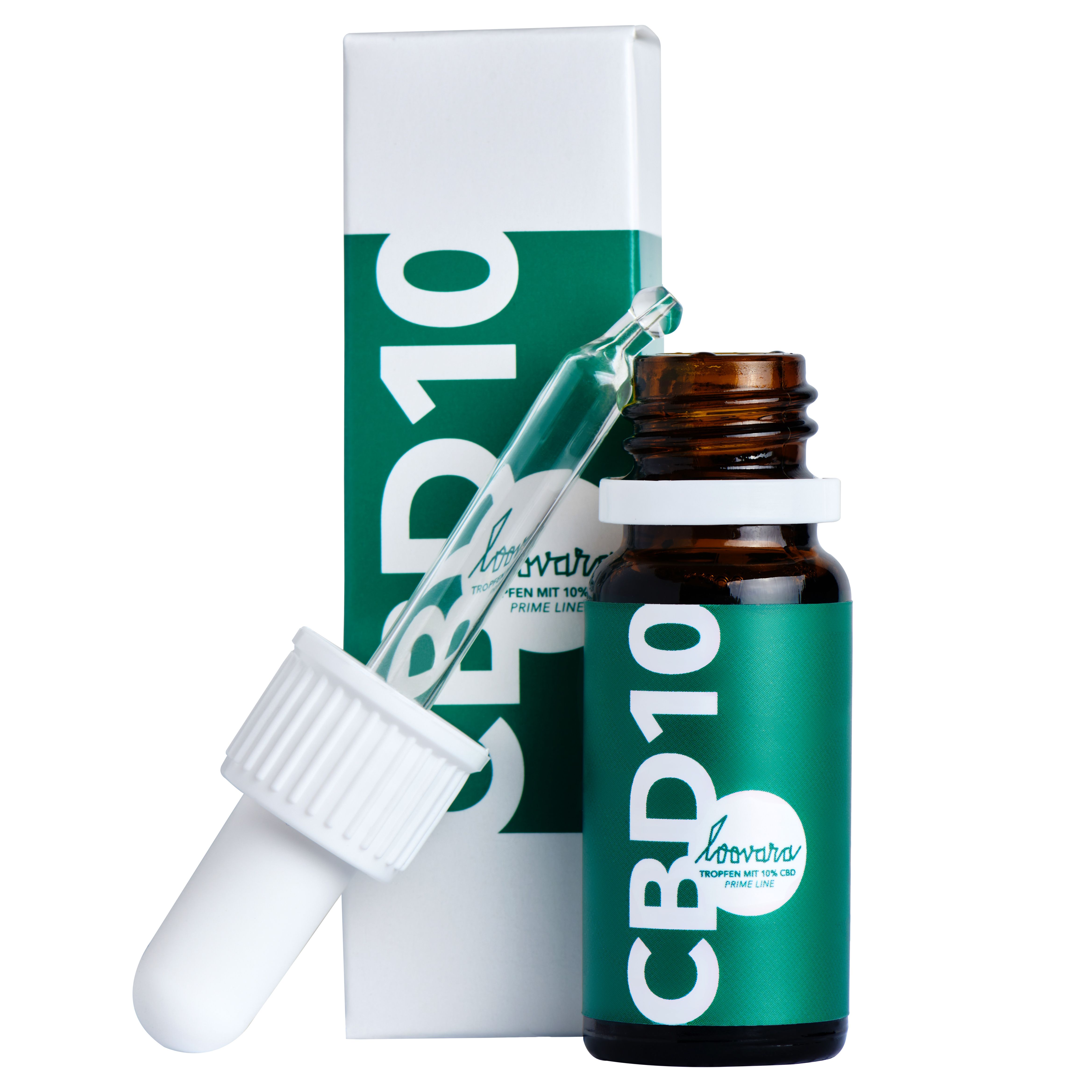 Braune Glasflasche mit grüner Etikettierung und Pipette. Aufschrift CBD10. Weiße Verpackung mit CBD10-Logo.