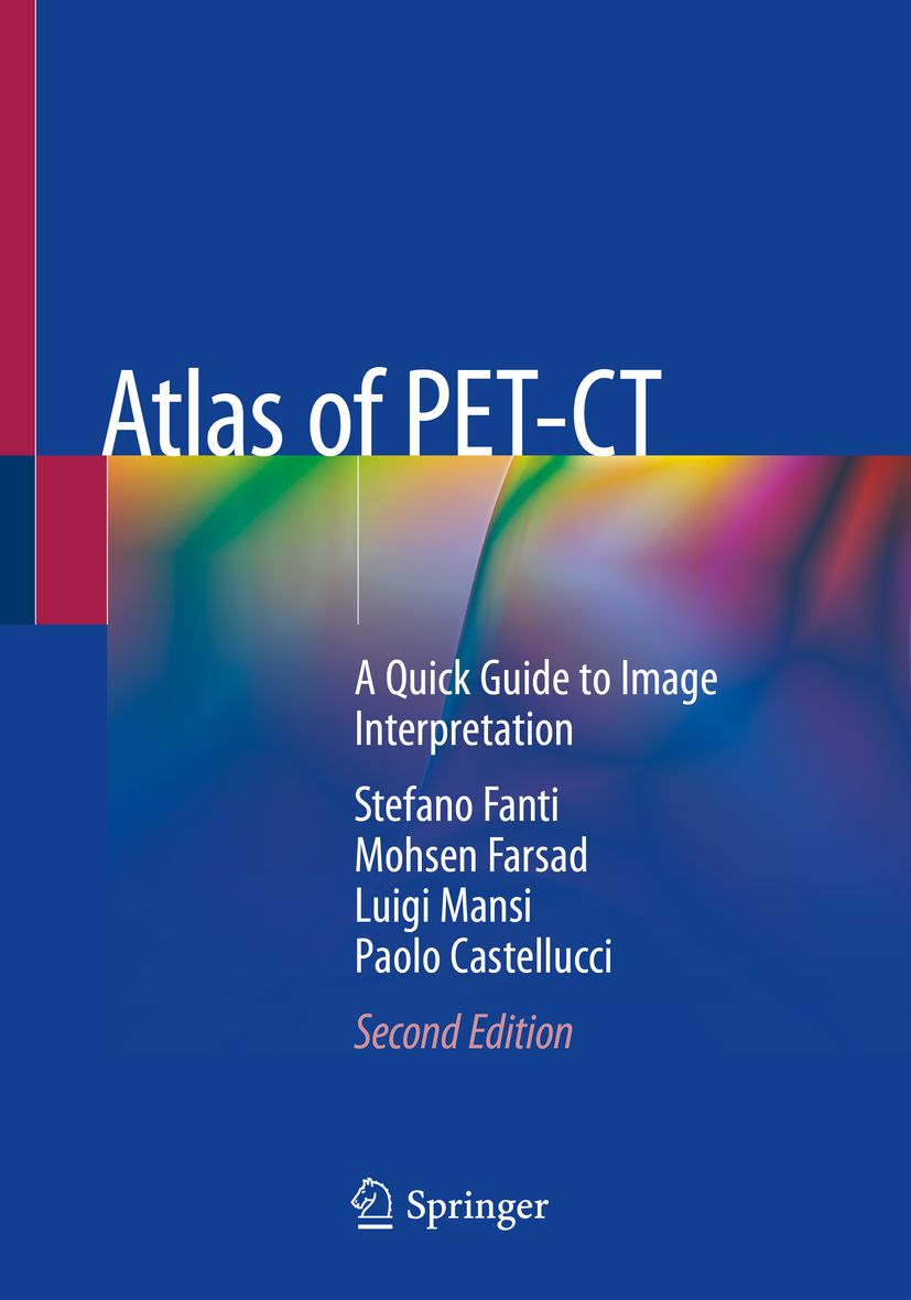 Buchcover: "Atlas of PET-CT". Titel, Autoren, "Second Edition" und Springer-Logo sichtbar. Blauer Hintergrund mit farbigem Design.