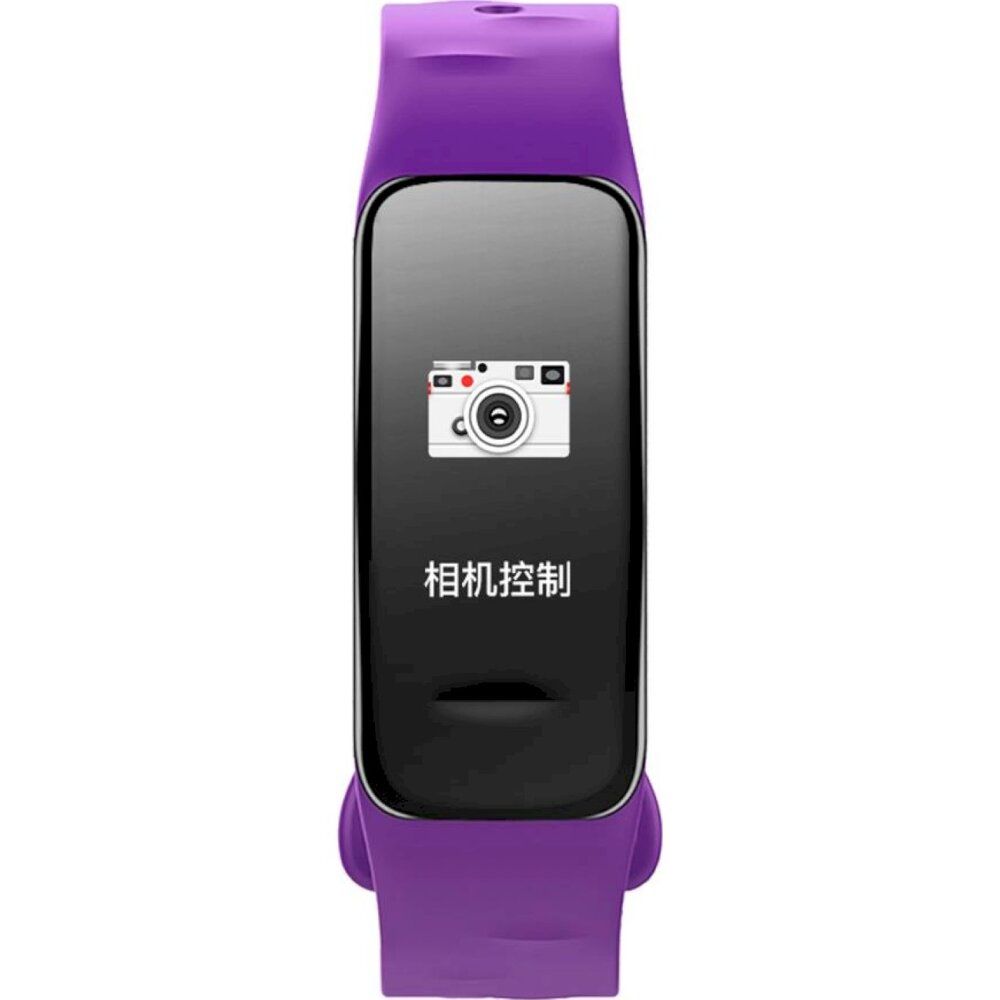 Lila Fitness-Tracker mit schwarzem Bildschirm. Kamera-Symbol und chinesische Schriftzeichen. Armbanduhr-Design.