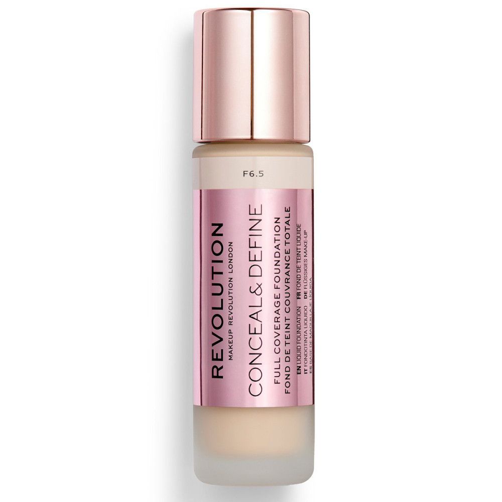 Flüssige Foundation in Glasflasche. Rosa Etikett mit Produktnamen und Marke. Deckel in Roségold. Farbcode F6.5.