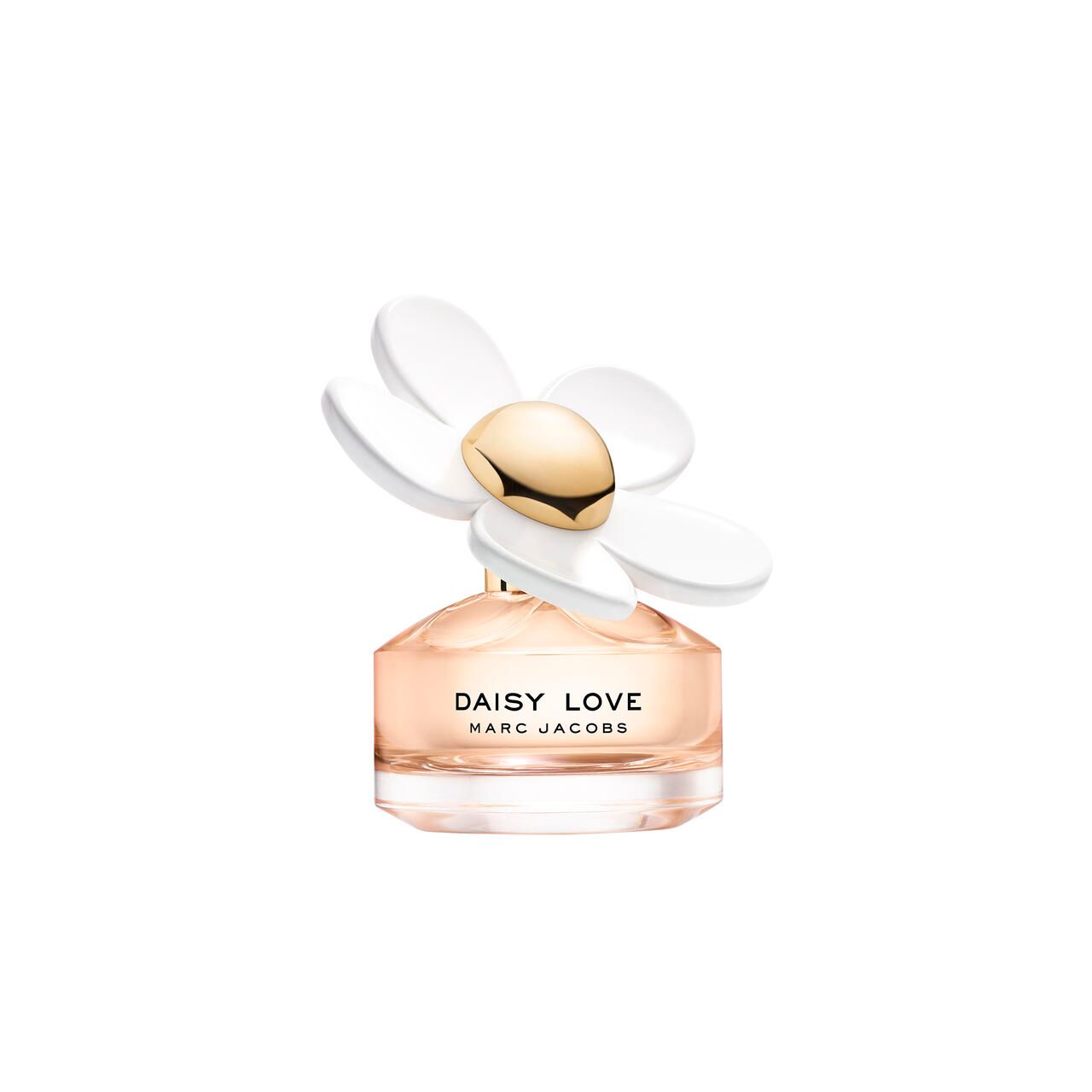 Parfümflakon mit weißer Blüte und goldener Kappe. Aufschrift: DAISY LOVE, MARC JACOBS.