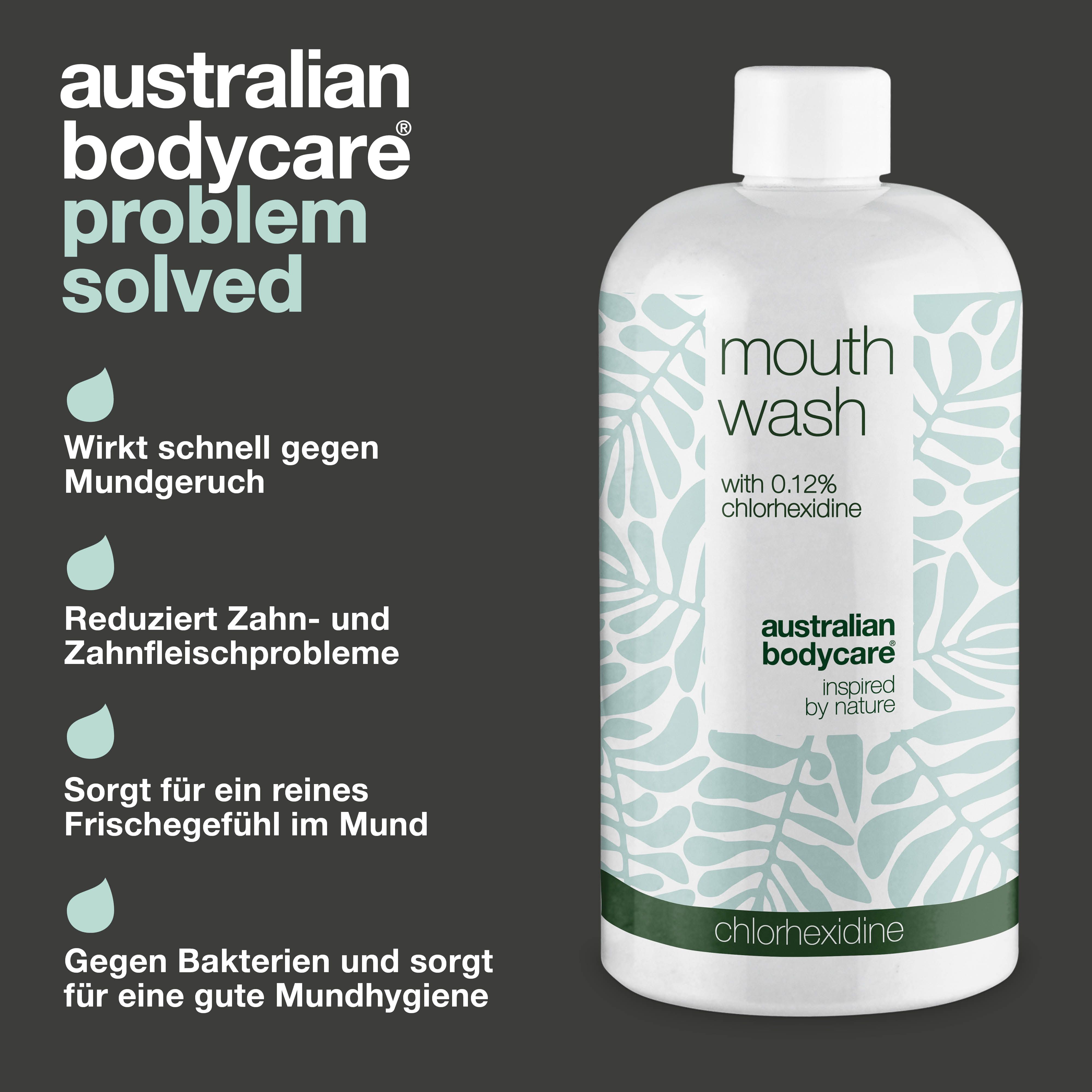 Produktflasche mit Text: Wirkt gegen Mundgeruch, reduziert Zahnfleischprobleme, sorgt für Frische. Australian Bodycare.