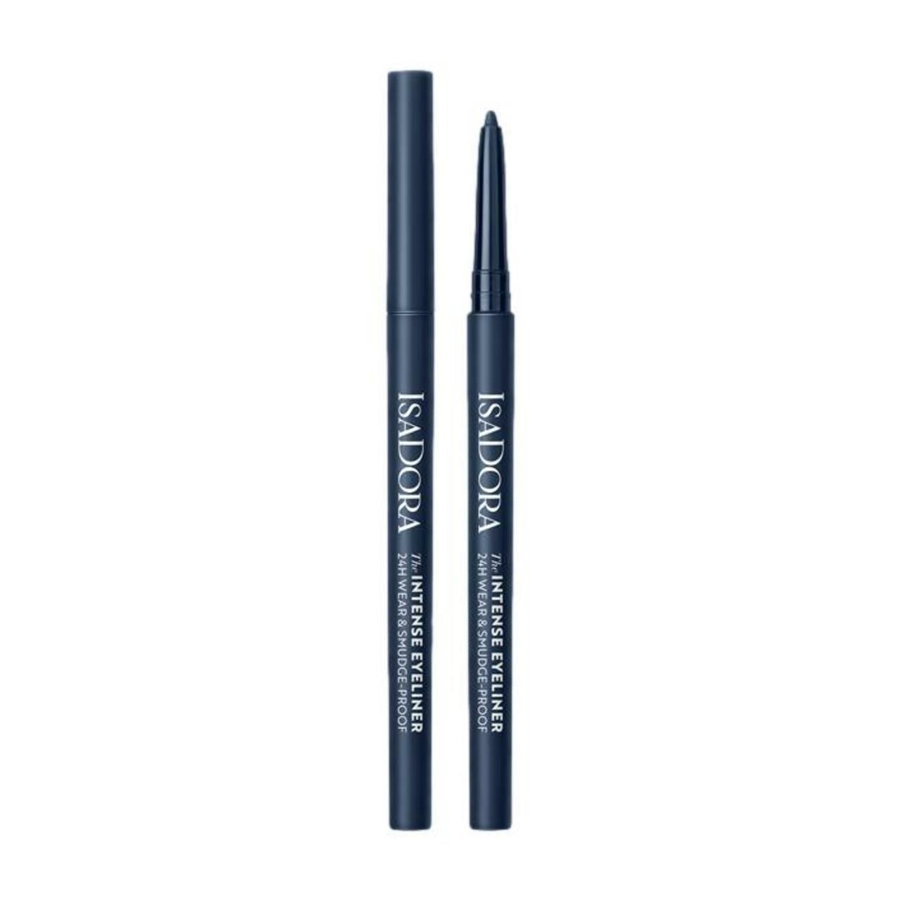 Zwei dunkelblaue Eyeliner-Stifte. Auf jedem Stift steht "IsaDora" und "The Intense Eyeliner 24H Wear & Smudge-proof".