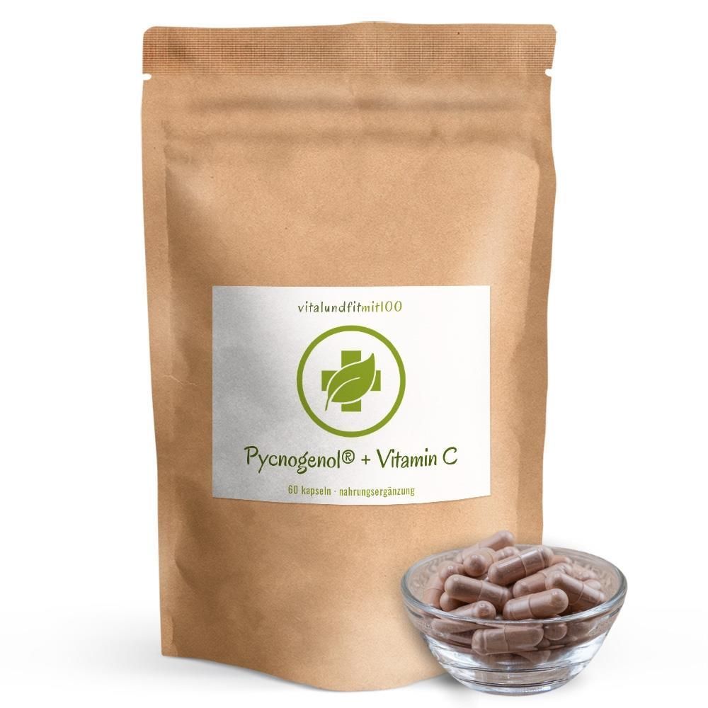 Braune Papierverpackung mit Etikett und eine Glasschale mit Kapseln. Aufschrift: vitalundfitmit100, Pycnogenol + Vitamin C.