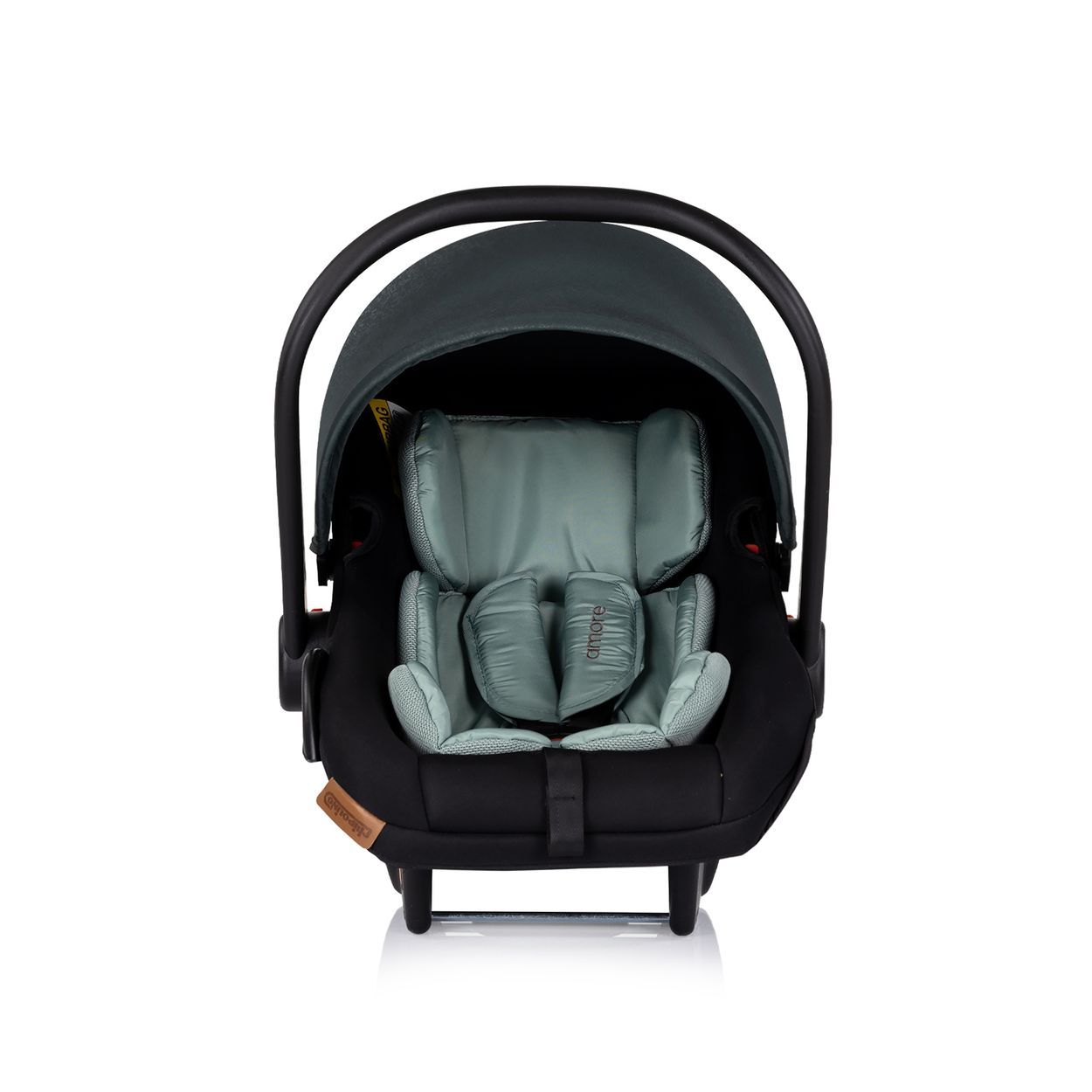 Babyschale mit grauem Einsatz und 5-Punkt-Gurt.
