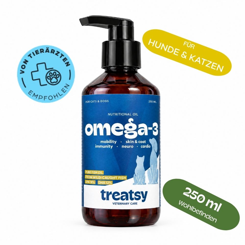 Omega-3 Fischöl für Hunde & Katzen, 250 ml Flasche mit Pumpspender. Von Tierärzten empfohlen.