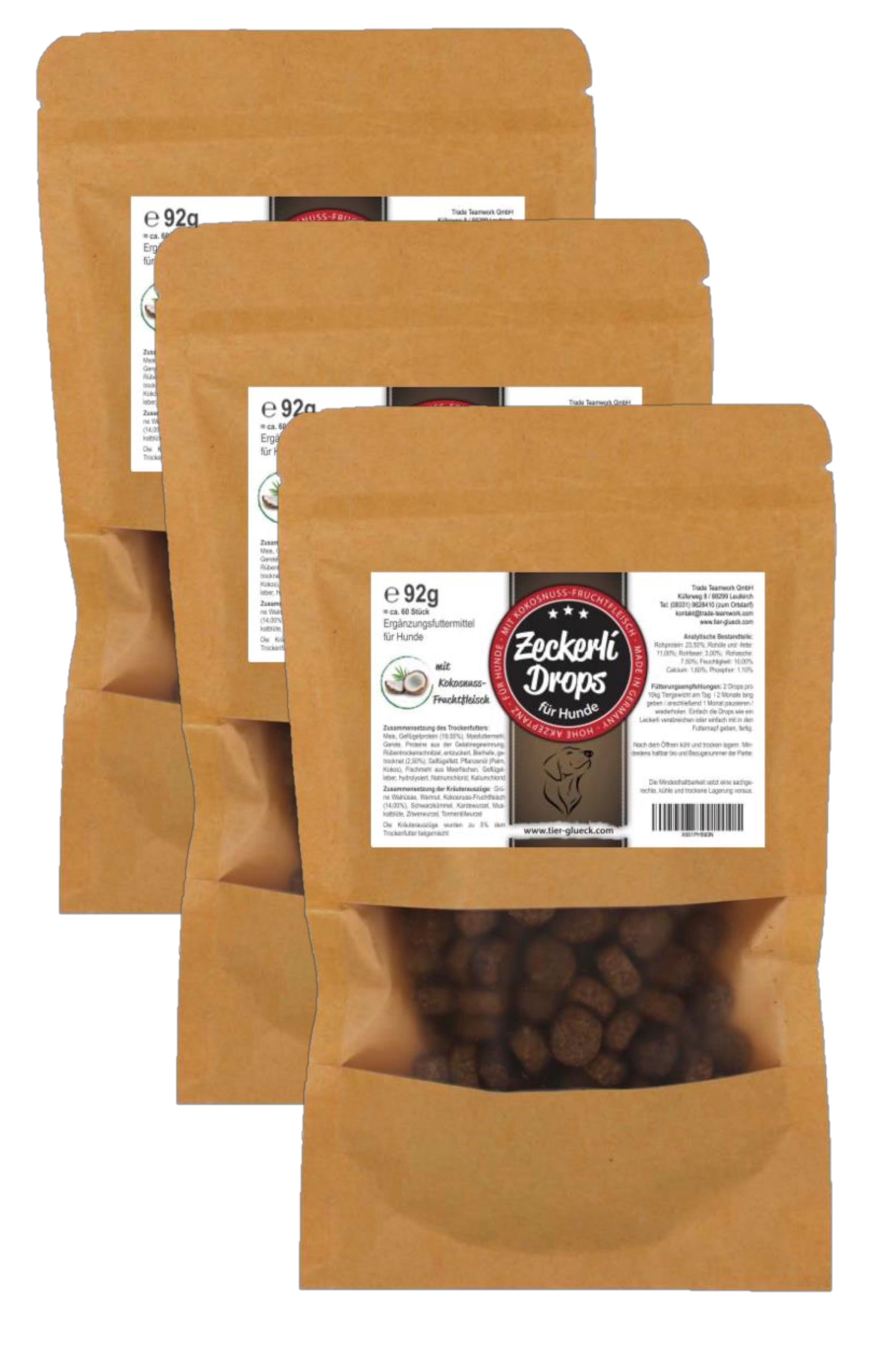 Drei Beutel mit Zeckerli Drops. Sichtbares Produkt durch Fenster. Braune Verpackung, weißes Etikett.