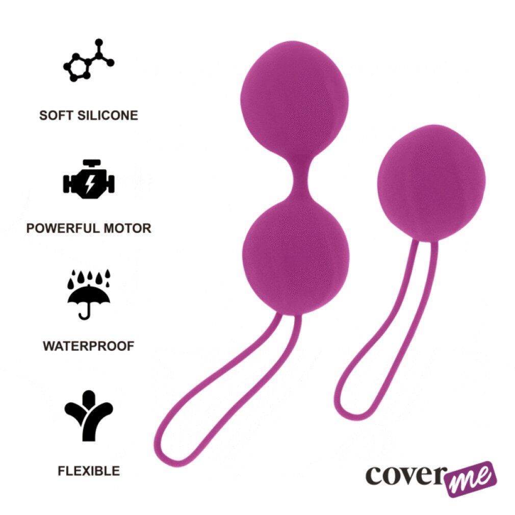 Zwei violette Kegelkugeln mit Schlaufen. Text: coverme. Piktogramme.
