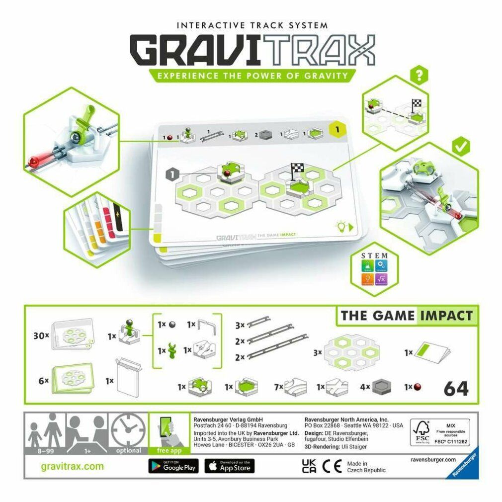 Grafik mit GraviTrax-Bauteilen und Karten. Enthält Bahnen, Platten, Würfel, grüne Elemente und Karten.