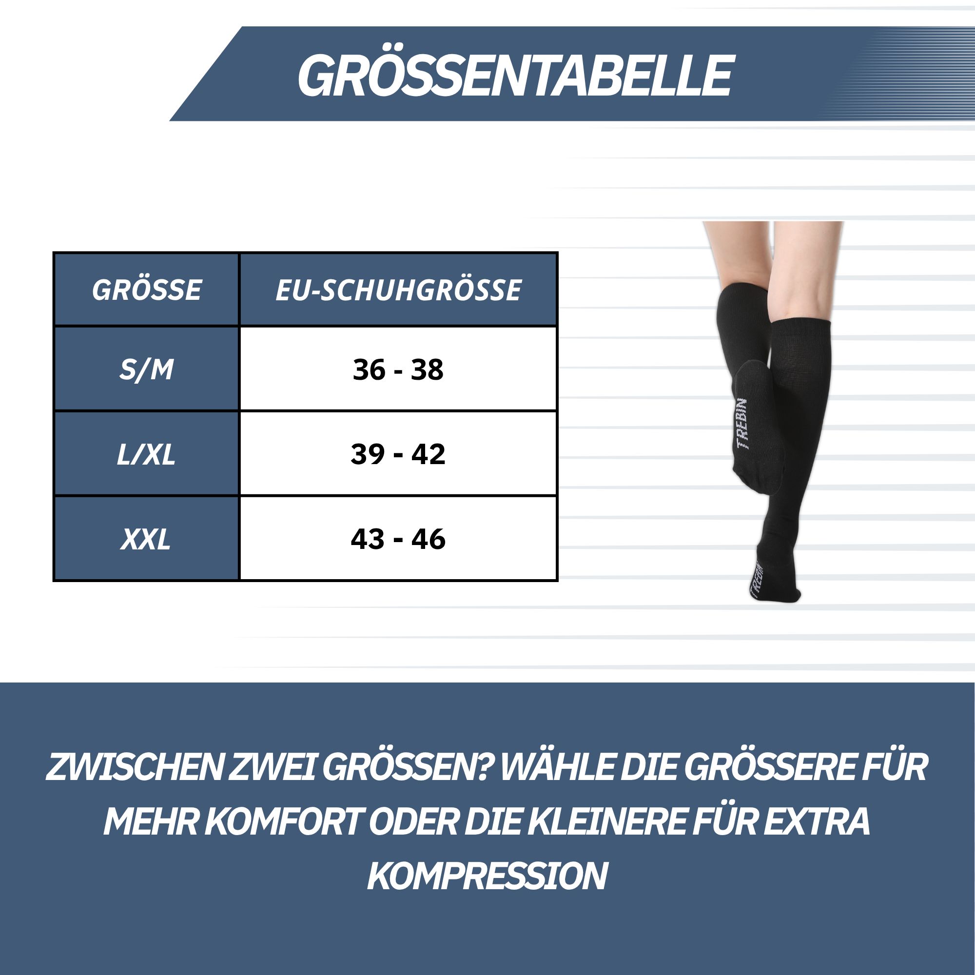 Größentabelle für Kompressionssocken: S/M (36-38), L/XL (39-42), XXL (43-46).