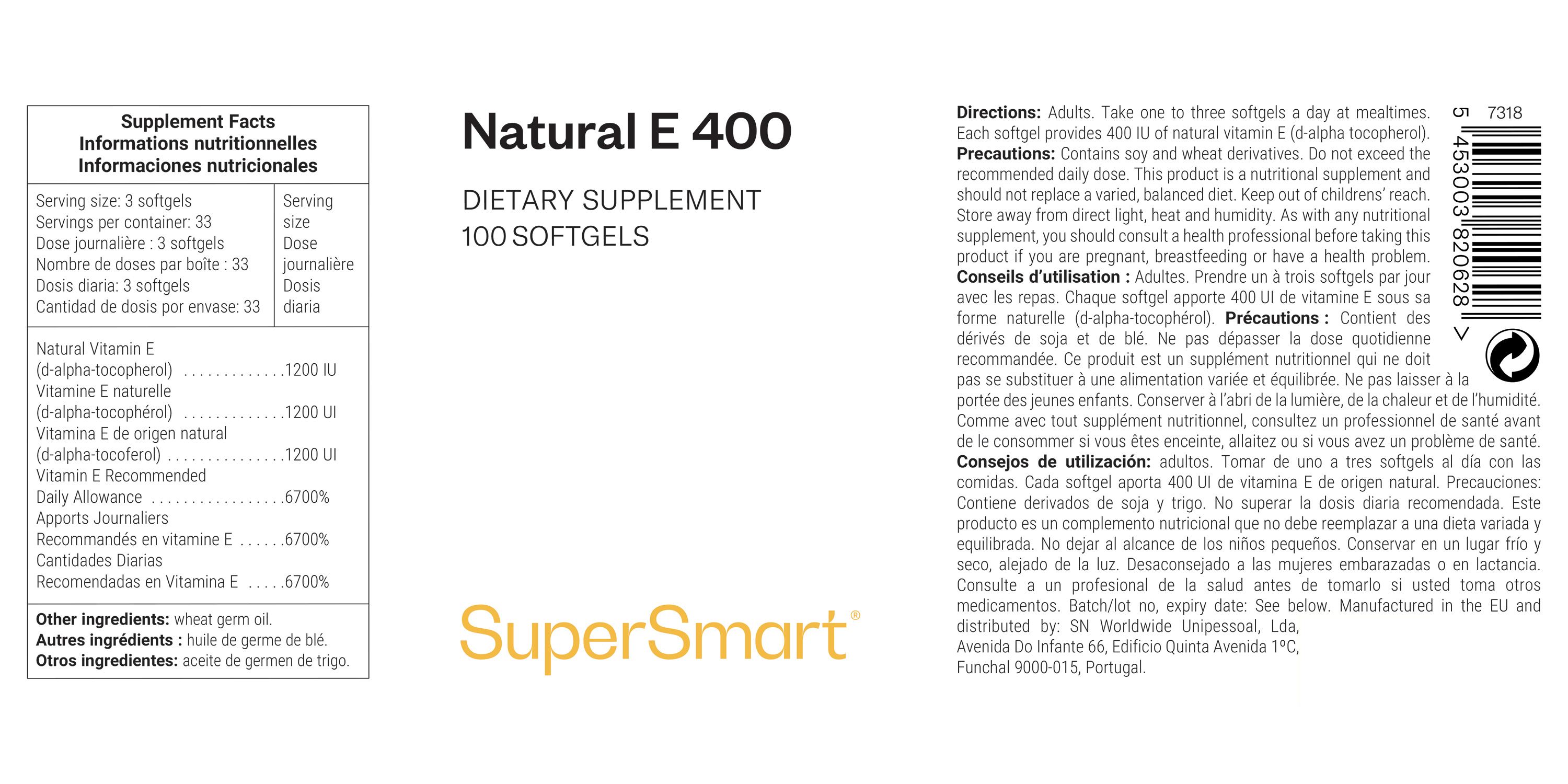 Etikett mit Nährwertangaben und Produktinformationen. "Natural E 400" und "SuperSmart" sind sichtbar.