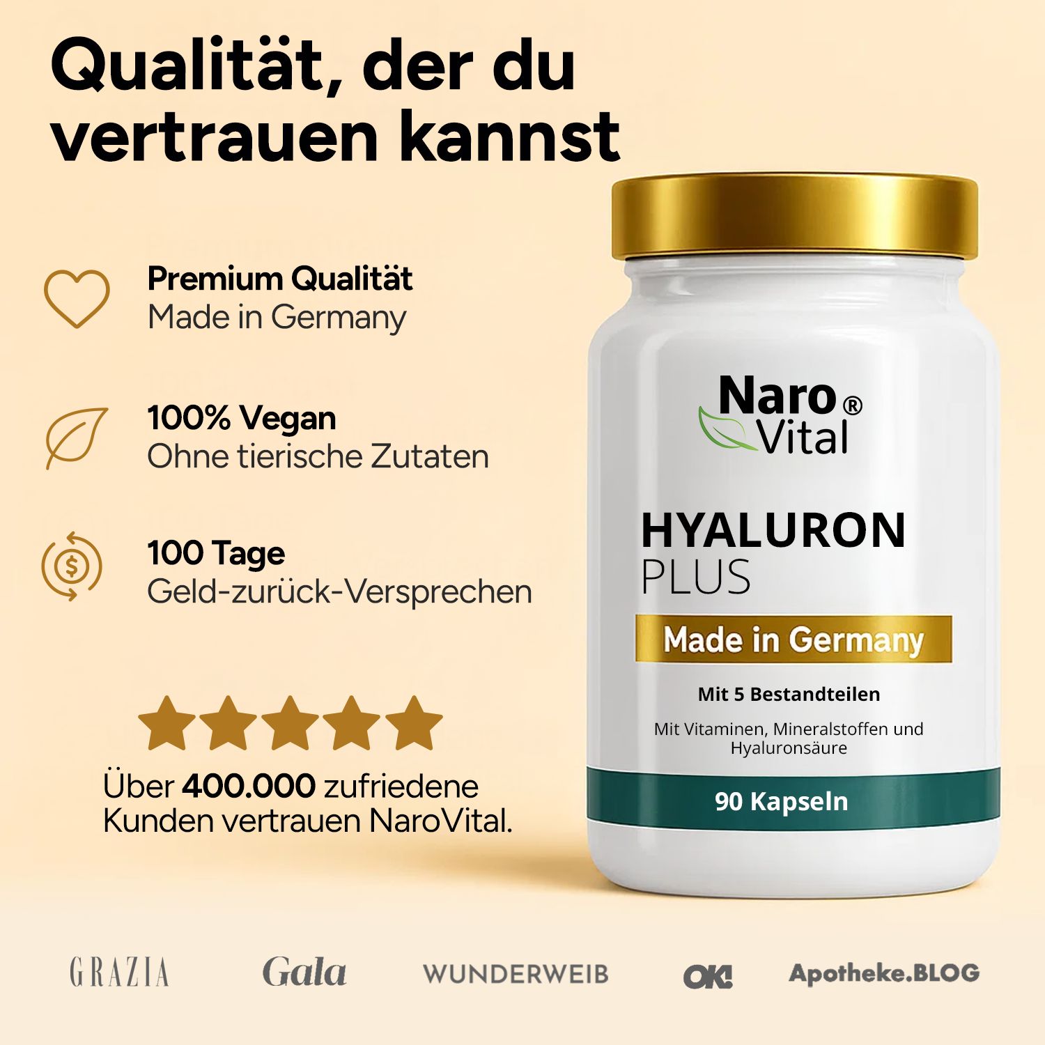 Weiße Flasche mit goldfarbenem Deckel. Text: Hyaluron Plus, Made in Germany, 90 Kapseln. Logos.