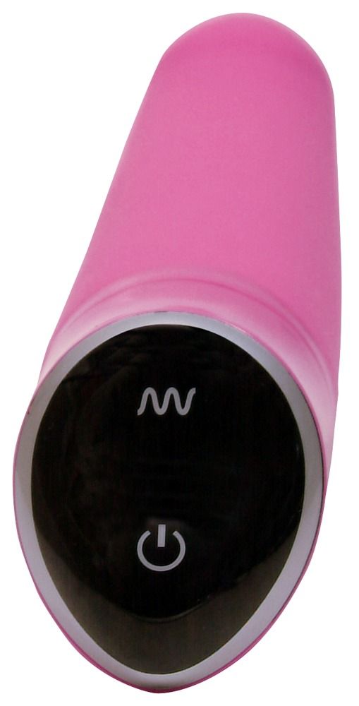 Nahaufnahme eines pinkfarbenen Vibrators. Bedienfeld mit Symbolen. Produktname nicht sichtbar.