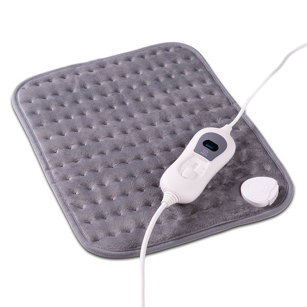 Graues Heizkissen mit Steuerung und Kabel. Quadratische Form mit gepunkteter Oberfläche. Weißes Bedienelement mit Display.