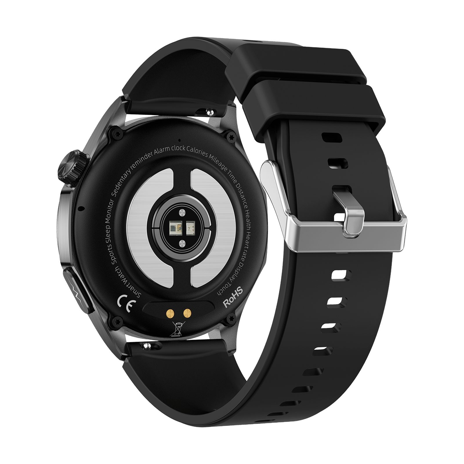 Rückseite einer Smartwatch mit schwarzem Armband. Sensoren und Ladekontakte sichtbar. CE-Kennzeichnung und RoHS-Logo.