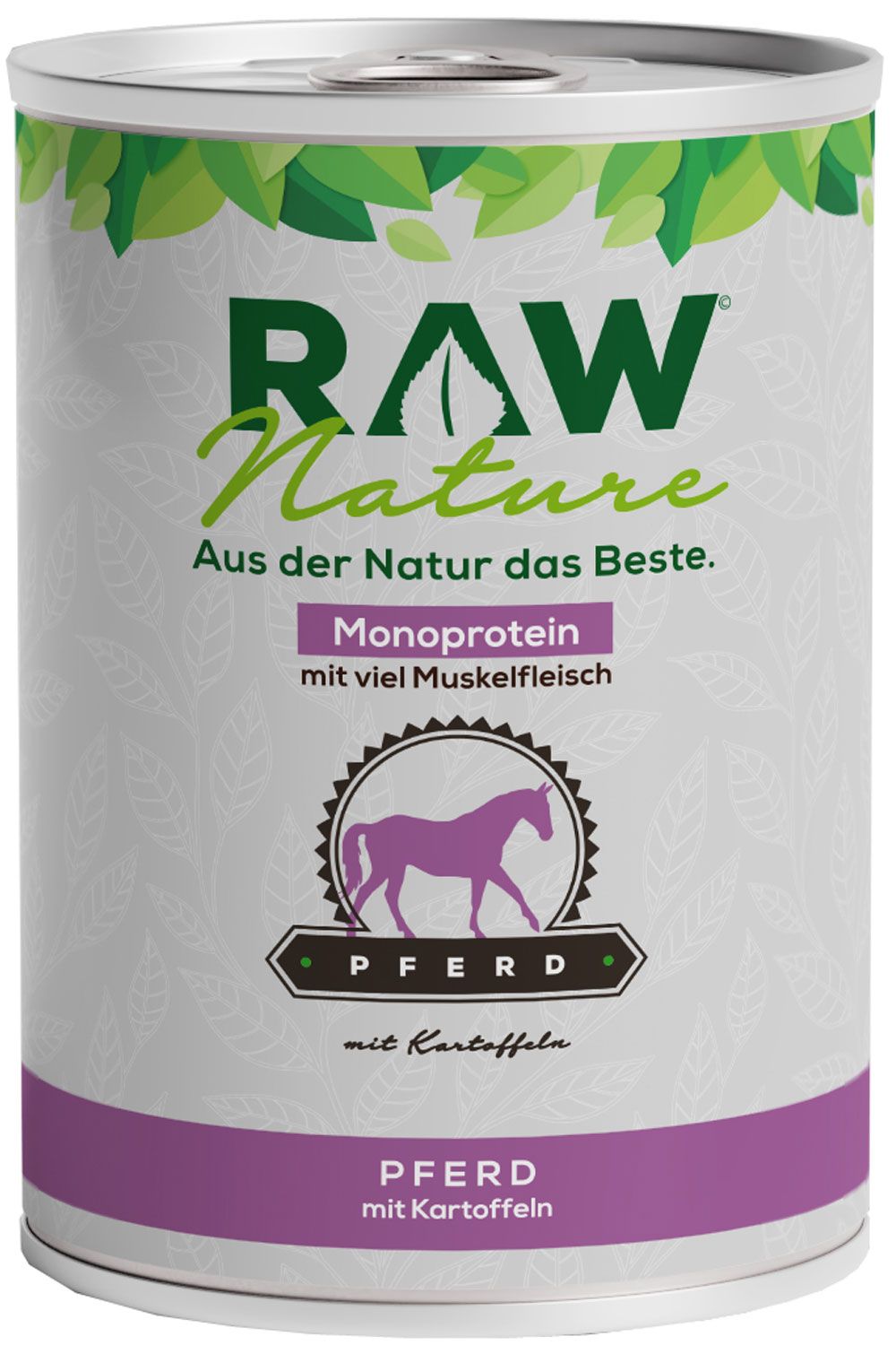 Dose Nassfutter mit Etikett. Logo RAW Nature, Text: Pferd mit Kartoffeln, Monoprotein, Aus der Natur das Beste. Abbildung eines Pferdes.