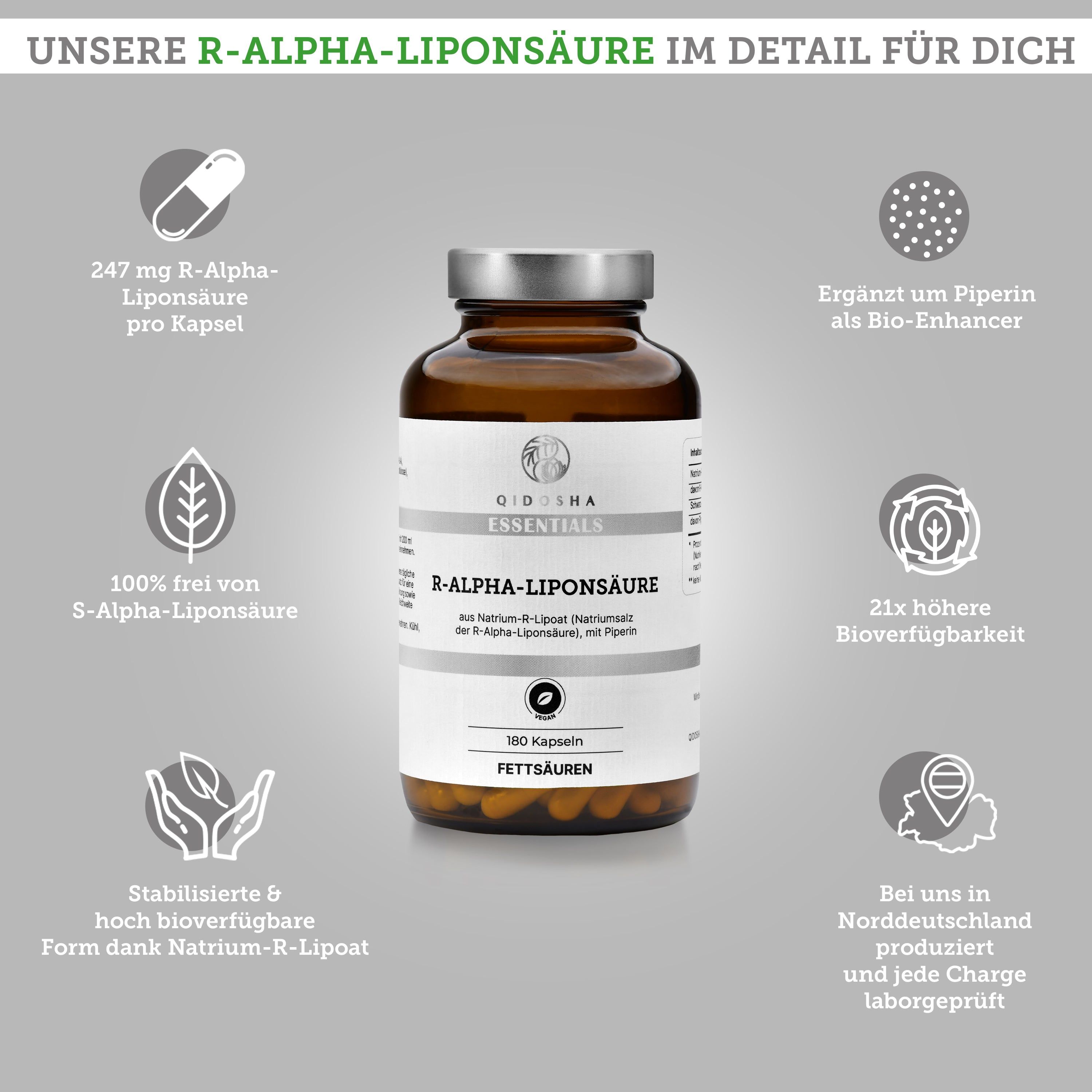 QIDOSHA R-Alpha-Liponsäure aus Natrium-R-Lipoat plus Piperin