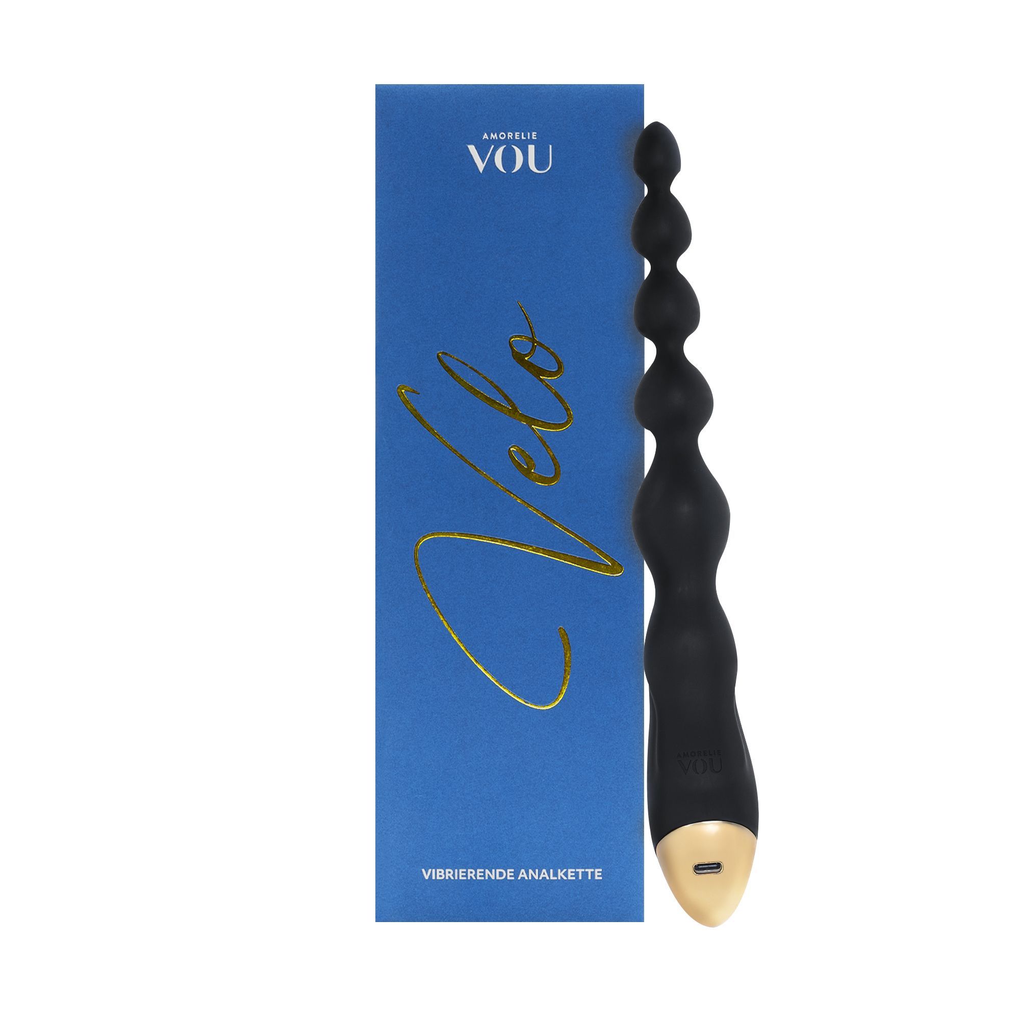Schwarze, vibr. Anal-Kette mit goldfarbenem Ende und blauer Verpackung. Aufschrift: AMORELIE VOU, Velo, vibrierende Analkette.