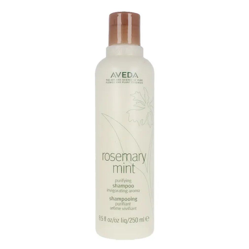 Aveda Shampoo-Flasche. Weißes Etikett mit Text: Rosemary Mint, Shampoo. Brauner Deckel. 250 ml.