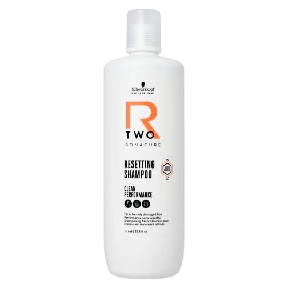 Weiße Shampoo-Flasche mit Text. Schwarzkopf Professional, R Two Bonacure. Resetting Shampoo. 1L.