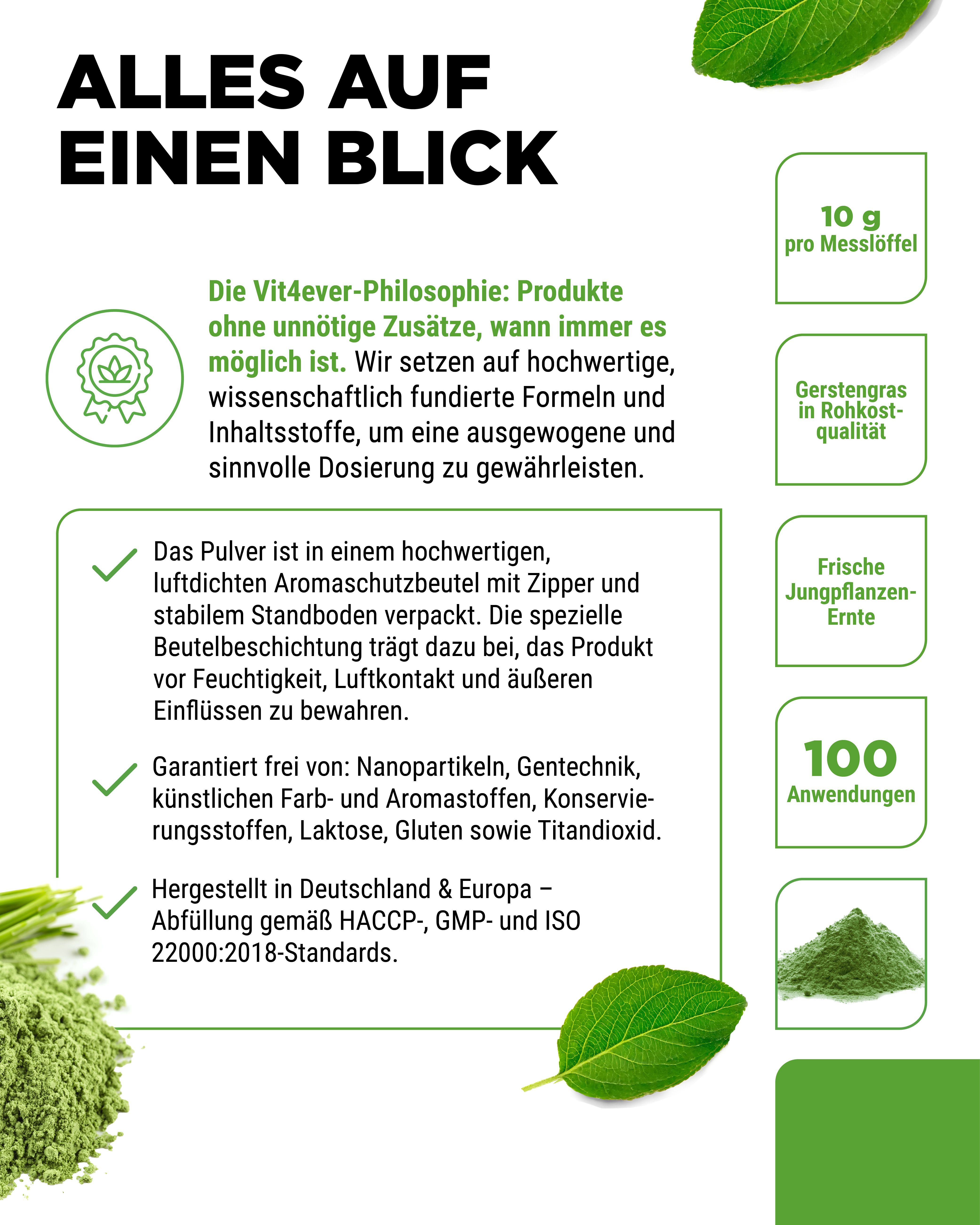 Text mit Produktinformationen. Text: Alles auf einen Blick. 10 g pro Messlöffel, 100 Anwendungen.