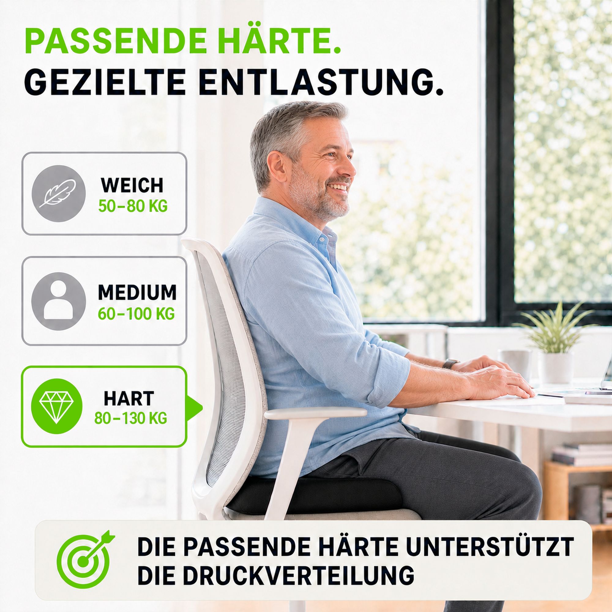 Mann sitzt auf einem Stuhl, Härtegrad 'Hart' für 80-130 kg Körpergewicht.