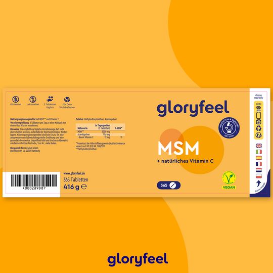 Gelbe Verpackung mit Aufschrift: gloryfeel MSM + natürliches Vitamin C. 365 Tabletten. Vegan-Siegel. Barcode und Nährwertangaben.