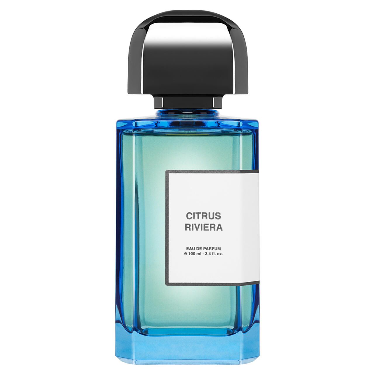 Zylindrische Flasche mit blauem Glas, silbernem Deckel und weißem Etikett mit Text. "Citrus Riviera" und "Eau de Parfum" sind sichtbar.