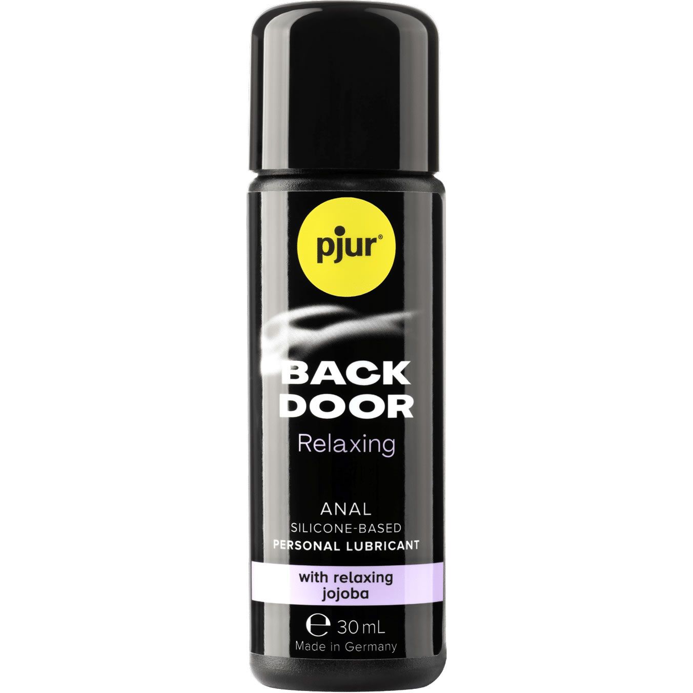 Schwarze Flasche mit schwarzem Deckel. Aufschrift: pjur, BACK DOOR, Anal Personal Lubricant. Mit Jojoba. 30ml. Hergestellt in Deutschland.