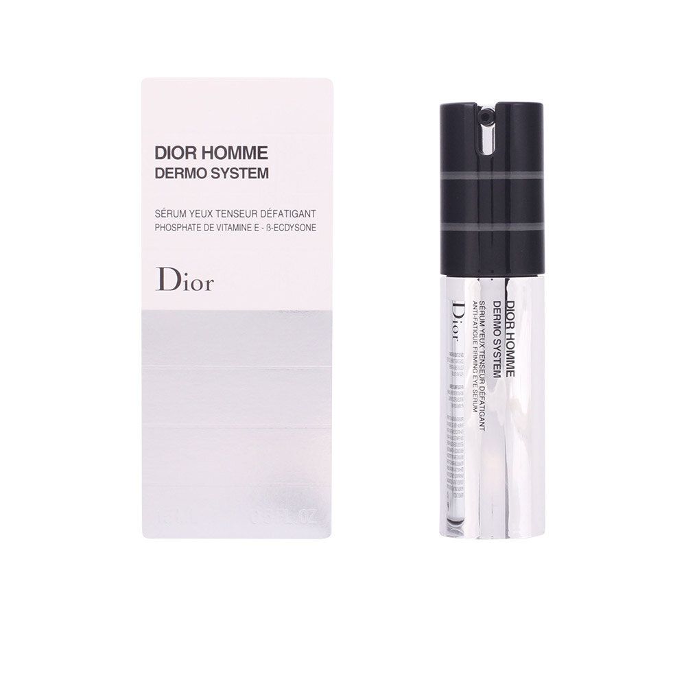 Serumflasche und Verpackung. Aufschrift: Dior Homme Dermo System. Text in Französisch und Englisch. Weiß und Schwarz.