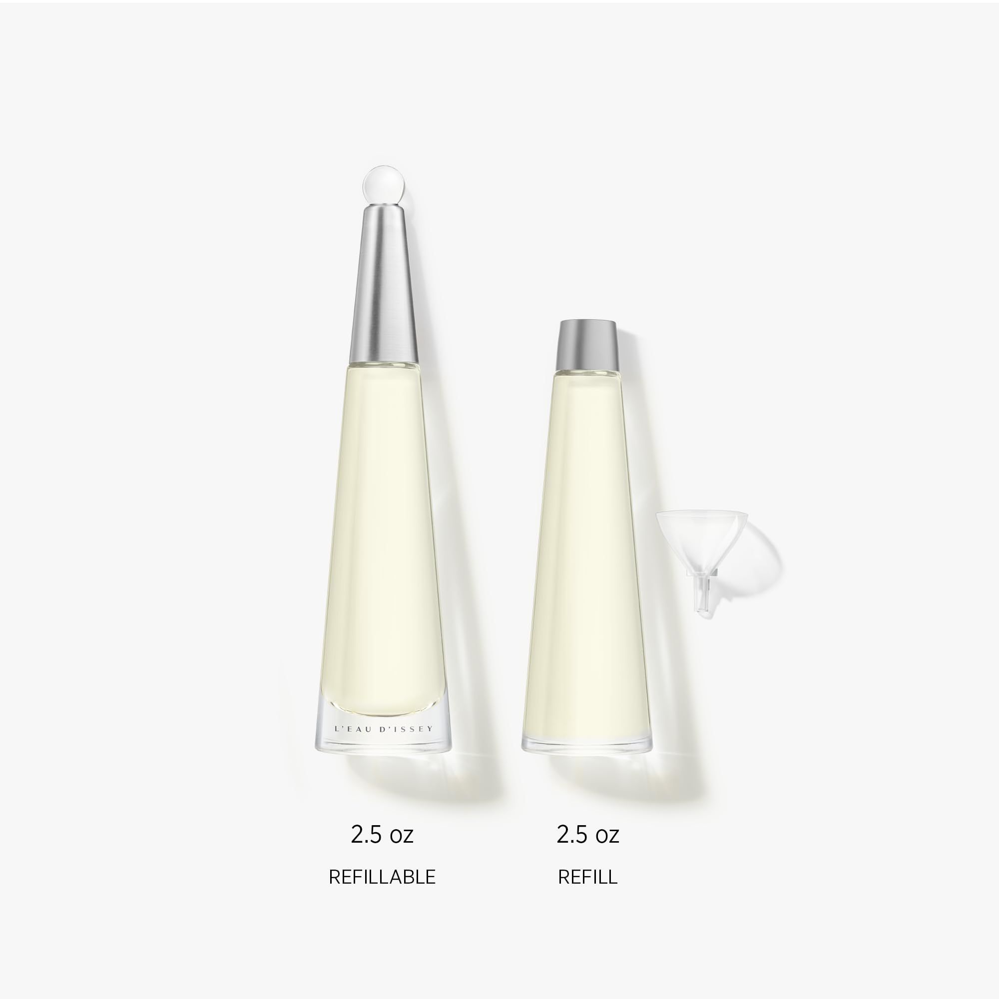 Zwei Flaschen, eine mit Zerstäuber, eine mit Trichter. Beide Flaschen sind mit 2.5 oz und Refill beschriftet.