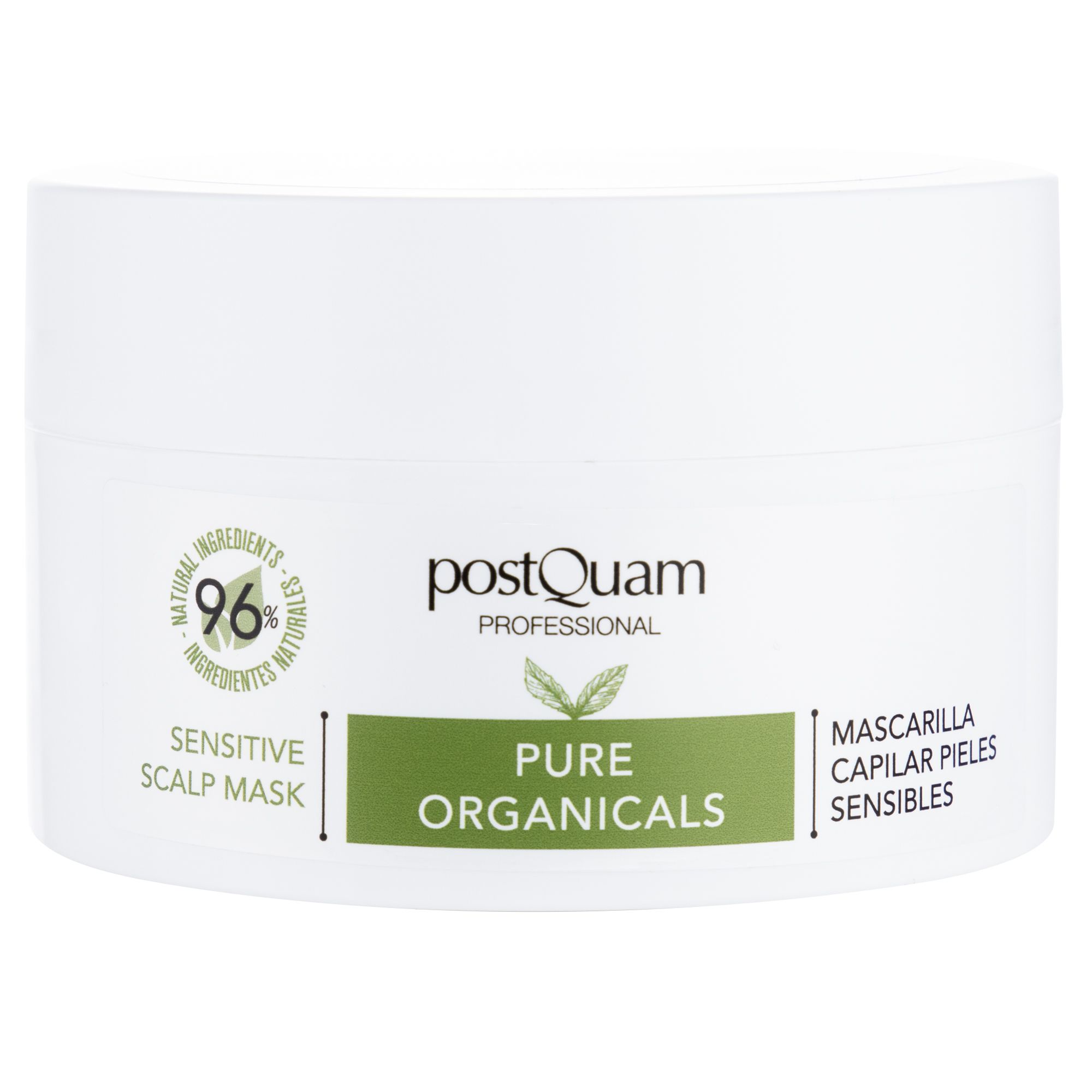 Weiße Dose mit grünem Etikett. Aufschrift: Postquam, Pure Organics, Sensitive Scalp Mask. 96% natürliche Inhaltsstoffe.