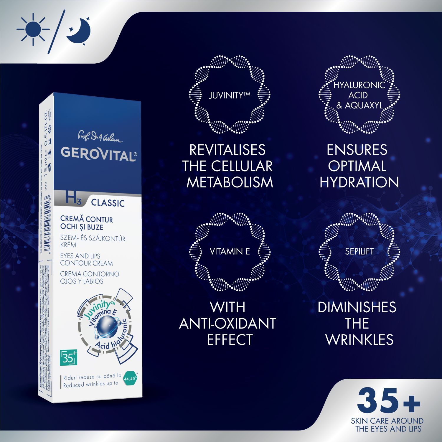 Gerovital Augen- & Lippenkontur Creme. Produktmerkmale: Revitalisiert, hydratisiert, Anti-Oxidant.