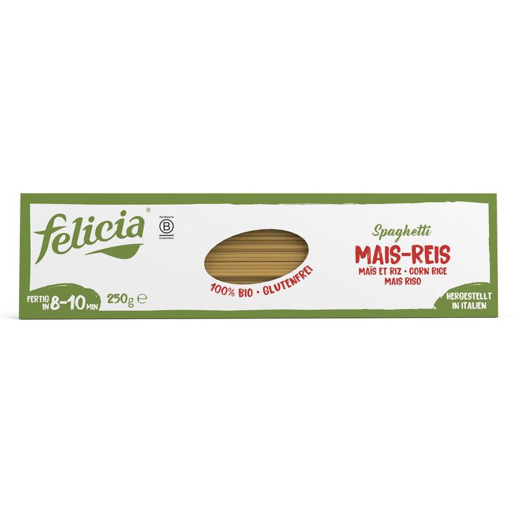 Verpackung mit Spaghetti Mais-Reis. Marke Felicia. Glutenfrei. 250g. Kochzeit 8-10 Minuten. Hergestellt in Italien.