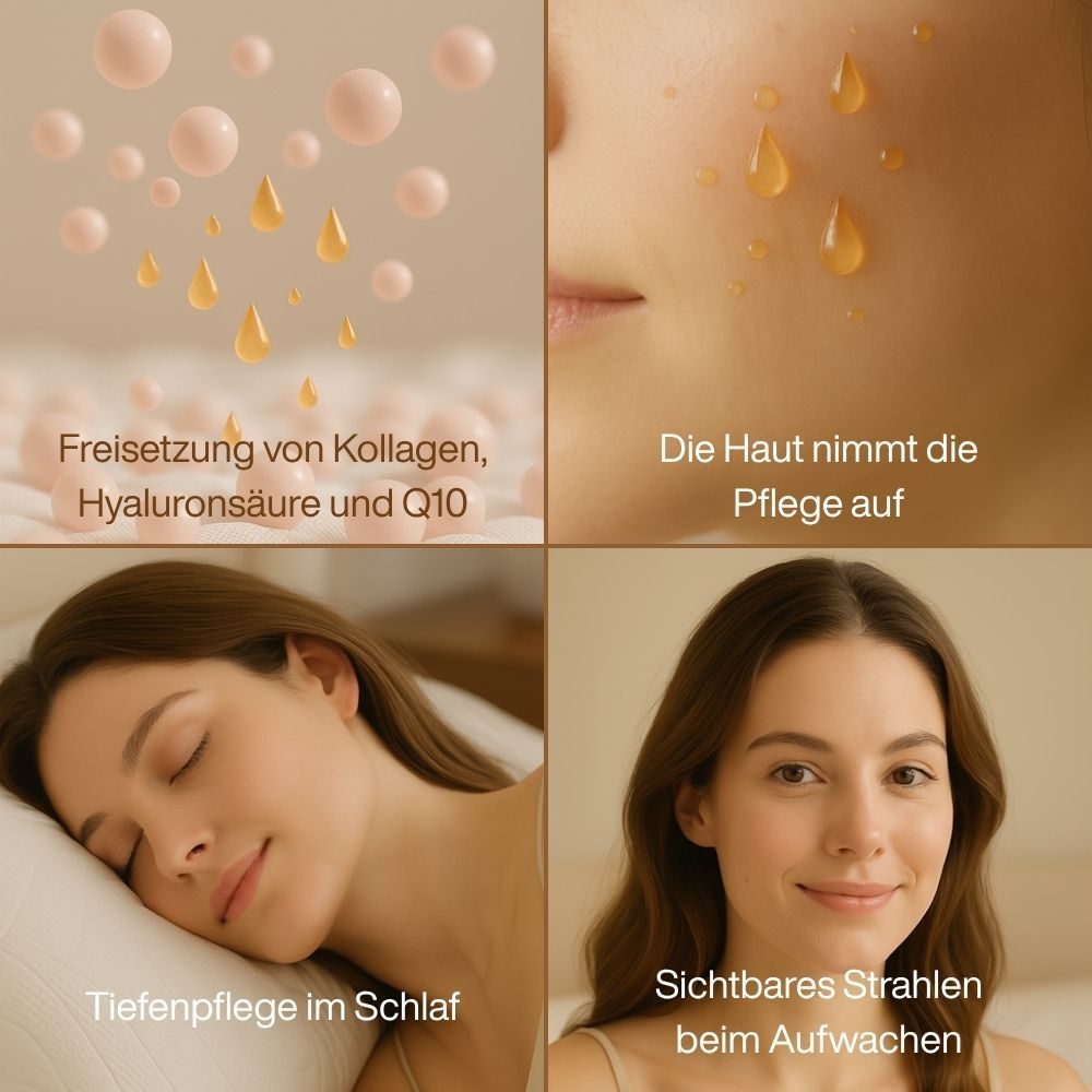 Collagen, Hyaluronsäure, Q10. Hautpflege. Tiefenpflege im Schlaf. Sichtbares Strahlen beim Aufwachen.