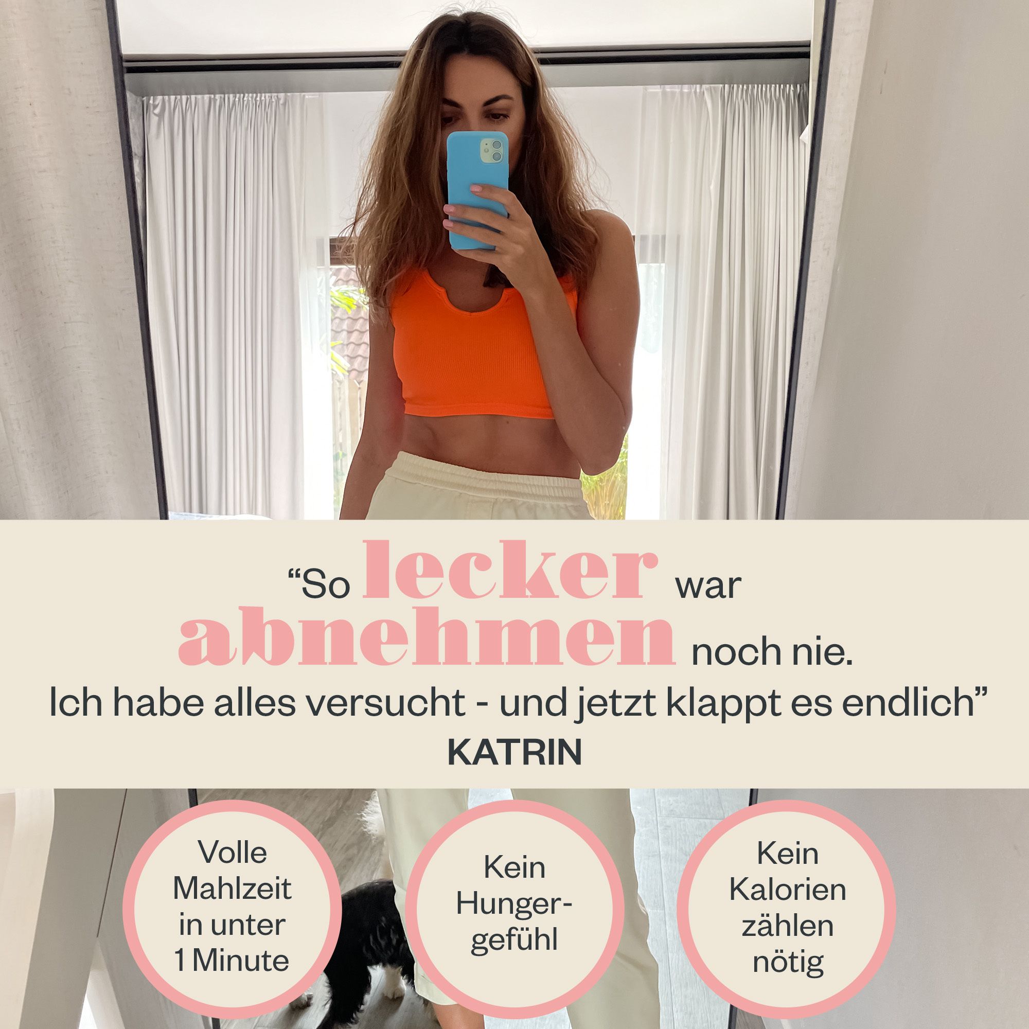 Frau im Spiegel mit Handy, Text über Abnehmen und Vorteile des Produkts.