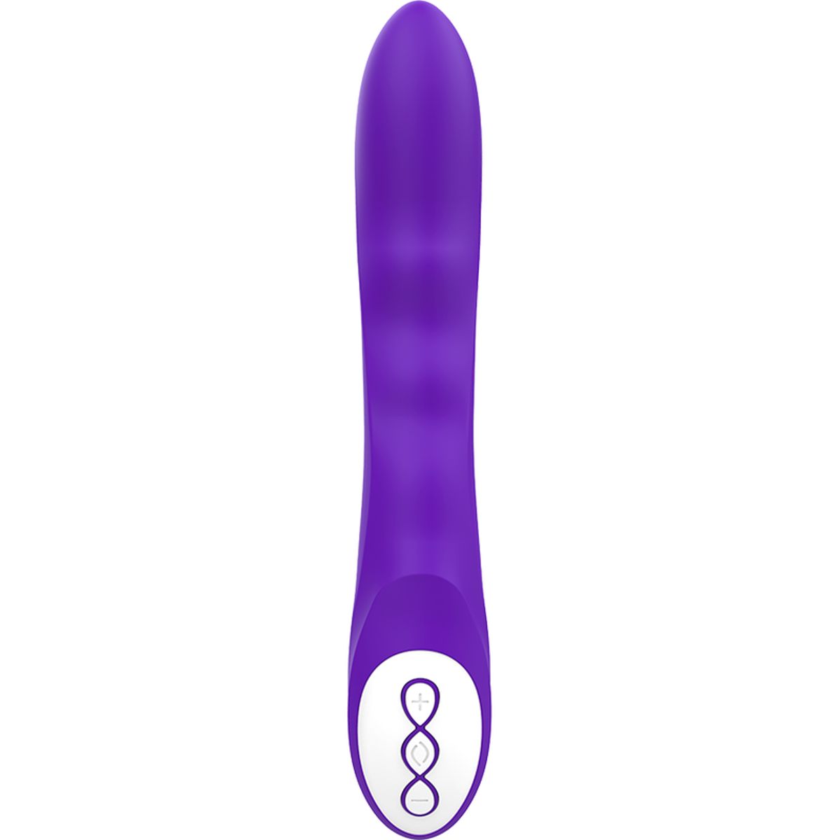 Lila Vibrator mit weißem Bedienfeld. Gerade Ansicht.