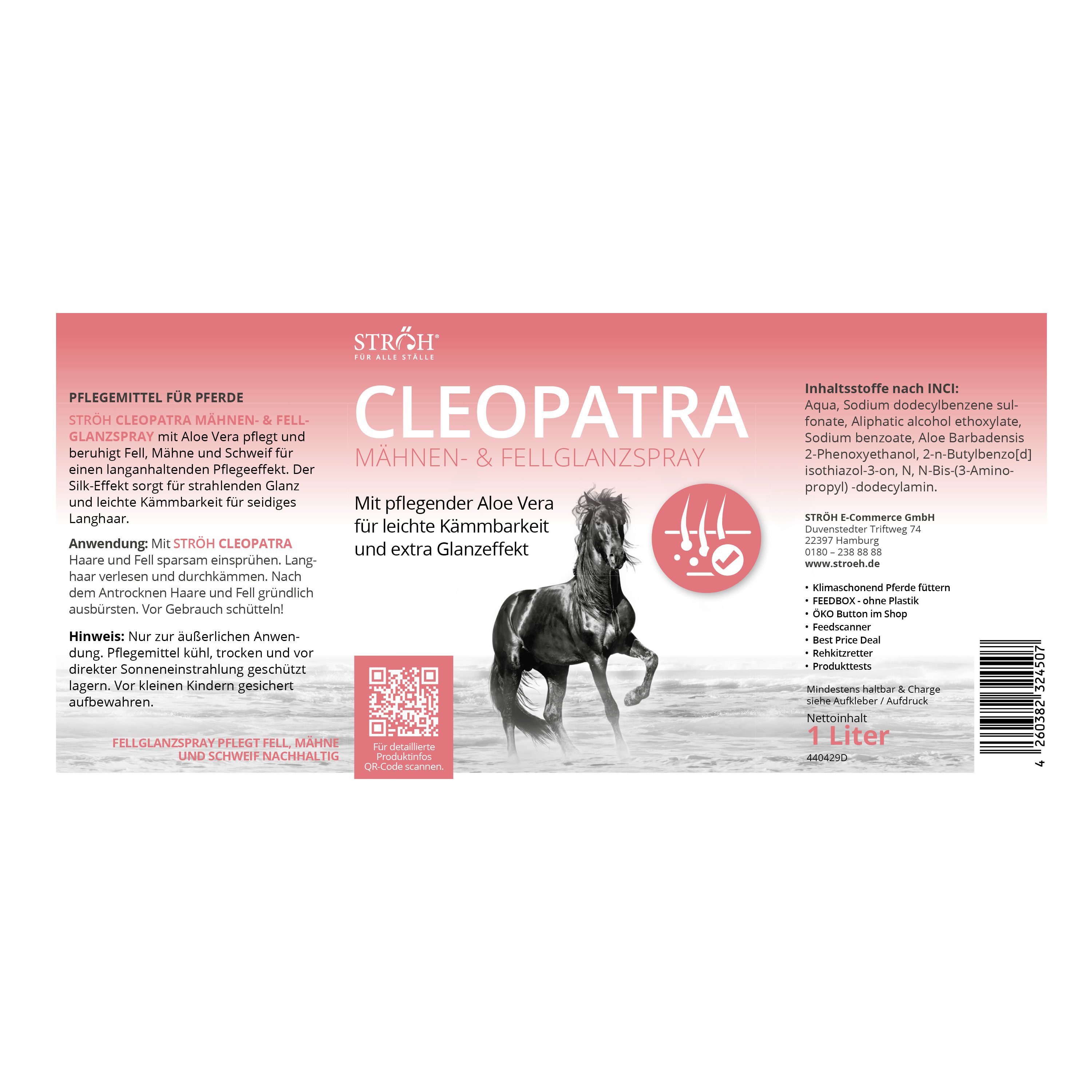 STRÖH Cleopatra Mähnen- & Fellglanzspray. Rosa Etikett mit Produktname, Pferd-Illustration und Text. 1 Liter Flasche.
