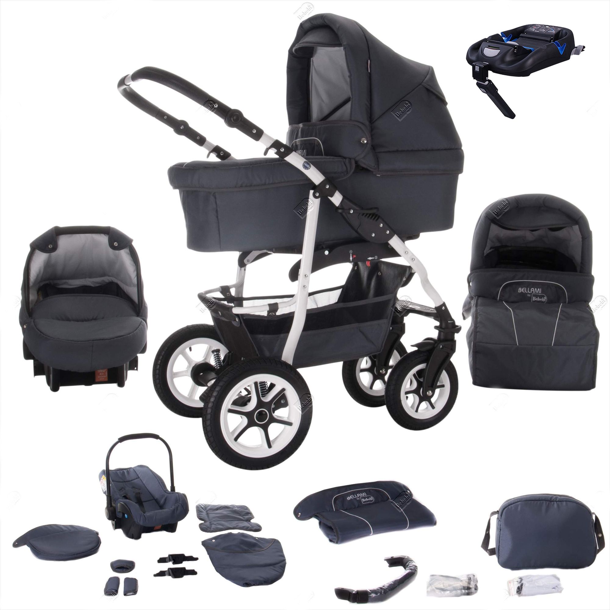 Komplettes Kinderwagen-Set in Bellagrey. Enthält Babywanne, Sportsitz, Babyschale und Zubehör. Schwarzes Gestell mit weißen Rädern.