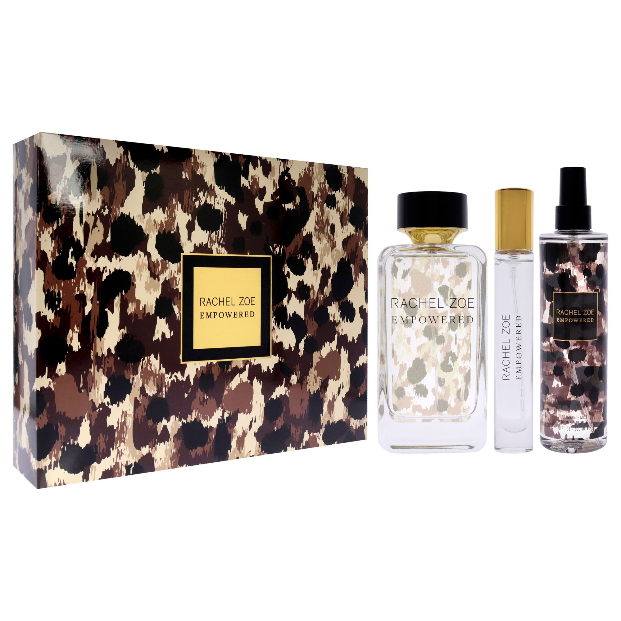 Rachel Zoe Empowered Geschenkset mit Leopardenmuster-Verpackung und drei Parfümflaschen.