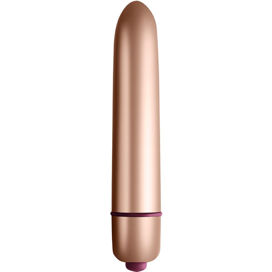 Ein roségoldener Vibrator mit einem abgerundeten Kopf und einem violetten Ring am unteren Ende.