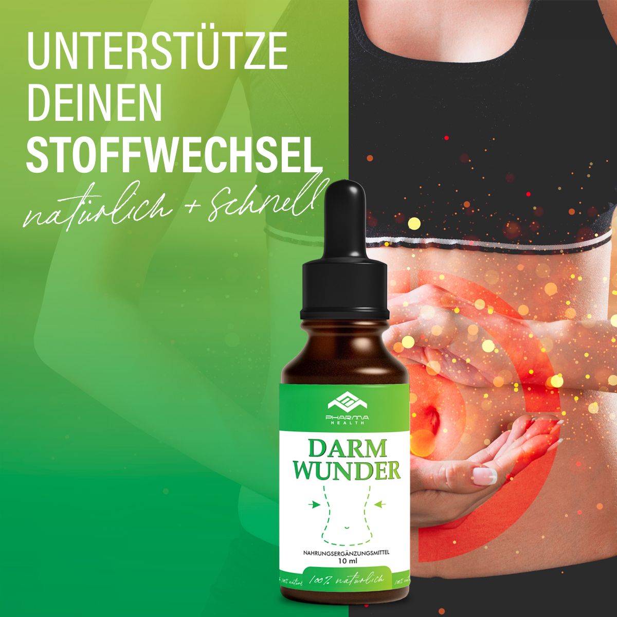 Braune Flasche mit Pipette, Label "Pharma Health Darm Wunder". Text: Unterstütze deinen Stoffwechsel.