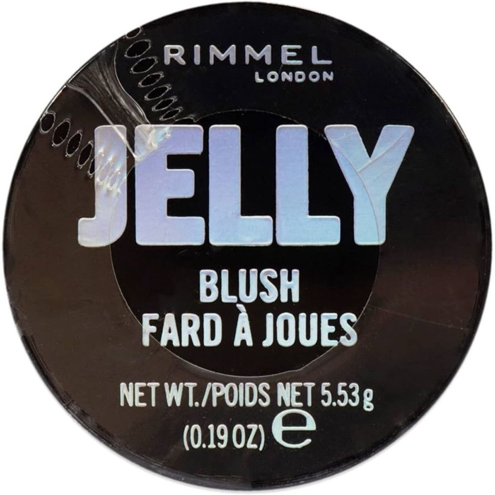Runder, schwarzer Behälter mit weißer Aufschrift "JELLY BLUSH". Marke Rimmel London. Nettoinhalt 5.53g.