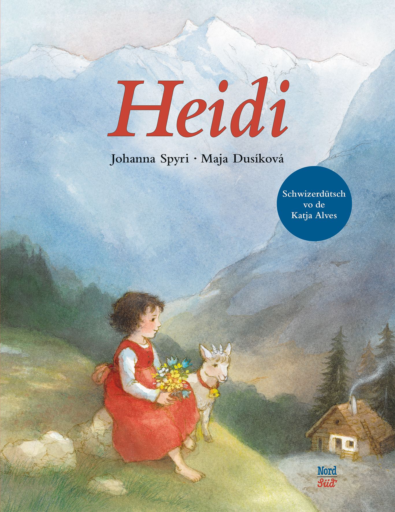 Buchcover mit Titel "Heidi". Illustration: Mädchen mit Blumen und Ziege vor Berglandschaft. Autorennamen und Verlag.