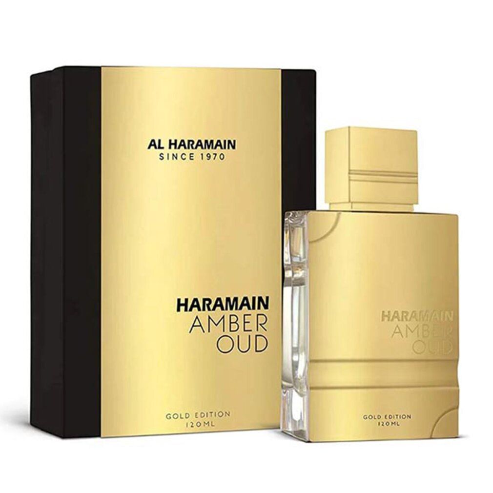 Goldfarbene Parfumflasche und -verpackung. Aufschrift: Al Haramain, Amber Oud Gold Edition, 120 ml.